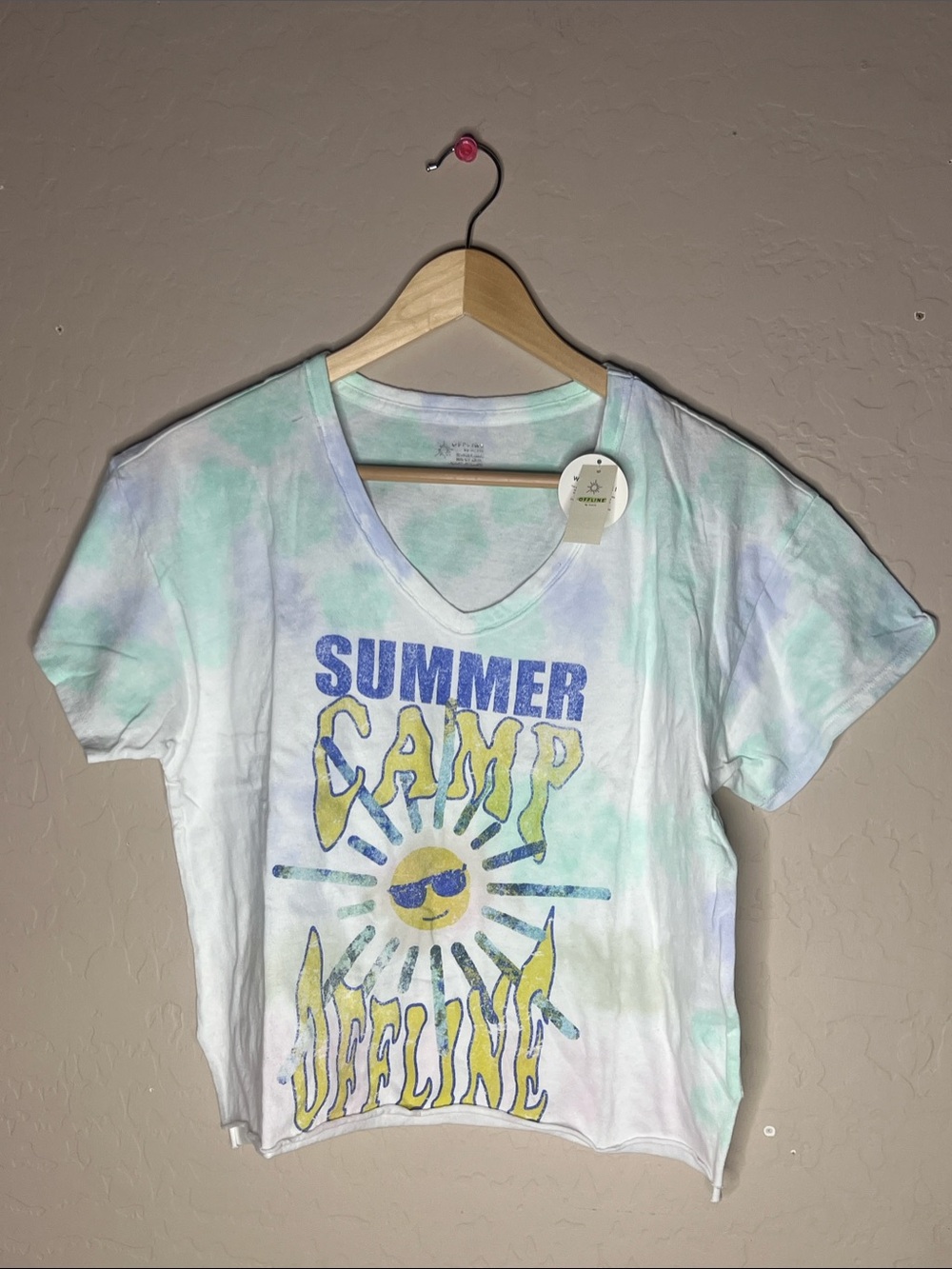 Offline by Aerie Mint & Lavender Tie-Dye V-Neck Graphic Tee XS